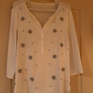 Ann Taylor white 3/4 length sleeve top with silver beading. Medium
